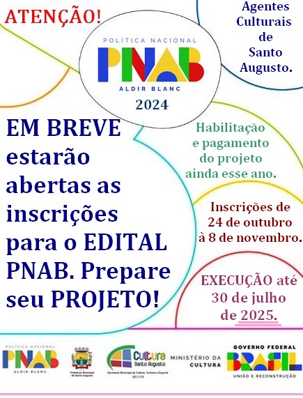 Atenção Agentes Culturais de Santo Augusto!Em breve estarão abertas as inscrições para o EDITAL DE CHAMAMENTO PÚBLICO SECUTE Nº 03/2024! Preparem seus projetos! Habilitação e pagamento ainda nesse ano de 2024. Execução até 30 de julho de 2025! Inscrições, provavelmente, de 24 de outubro a 8 de novembro. 